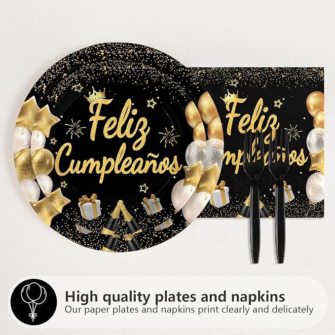 96Pcs Feliz Cumpleaños Decoration Black and Gold Plates and Napkins Mexican Fiesta Happy Birthday Tableware Set for Men Women Spanish Black and Gold Birthday Party Supplies, Serves 24
