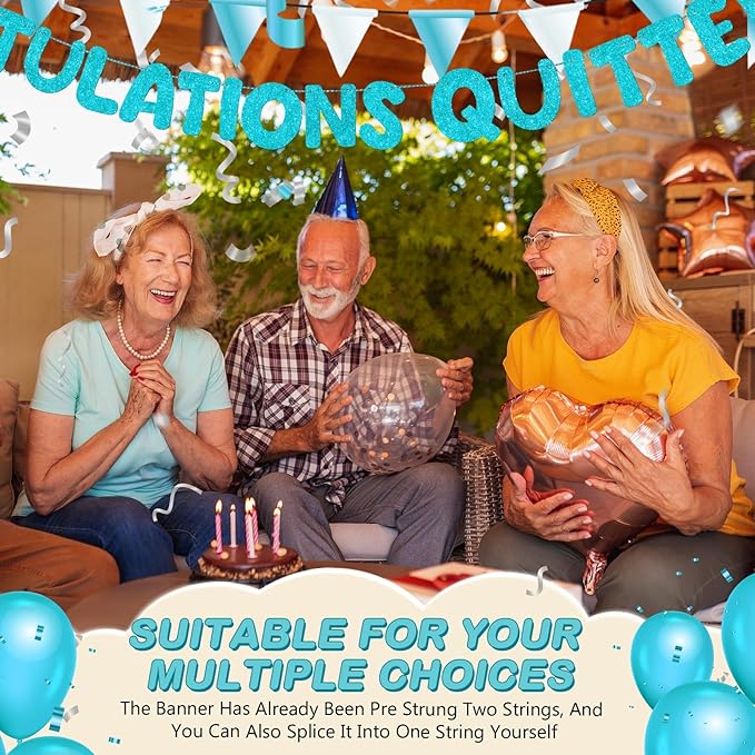 Fulmoon Pre Strung Congratulations Quitter Glitter Banner Funny Retirement Banner Graduation Party Decorations Going Away Supplies Garland for Men Women Gifts, No DIY(Sky Blue)