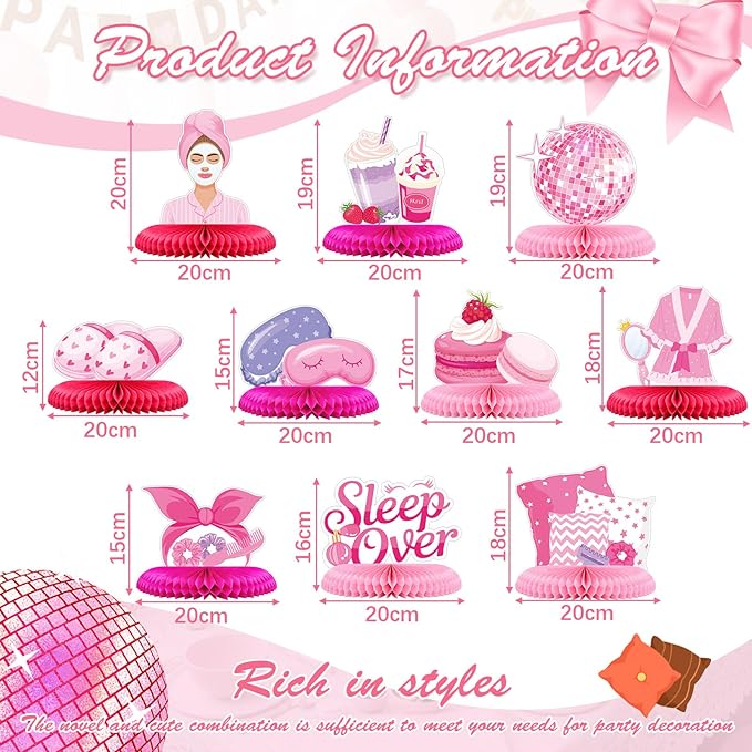 Censen 10 Pcs Sleepover Party Decorations, Pink Slumber Honeycomb Centerpieces, Spa Birthday Party Supplies Makeup Pajama Theme Table Decor