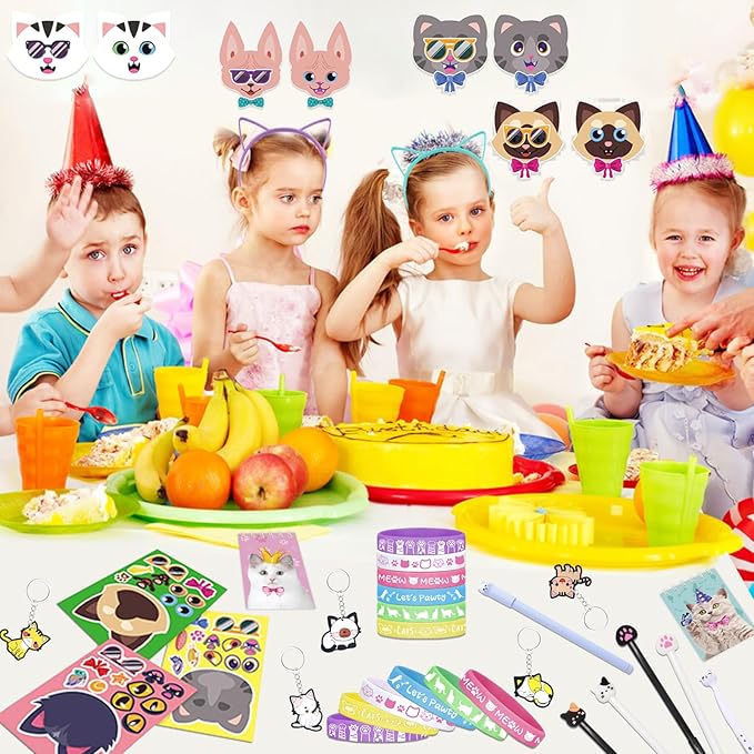 134Pcs Cat Party Favors Set for Kids Cat Themed Birthday Party Supplies With Cat Headband Spiral Notepads Pens Keychains Tattoo Cat DIY Face Stickers Silicone Bracelets Cat Favors for Girls Kids Party