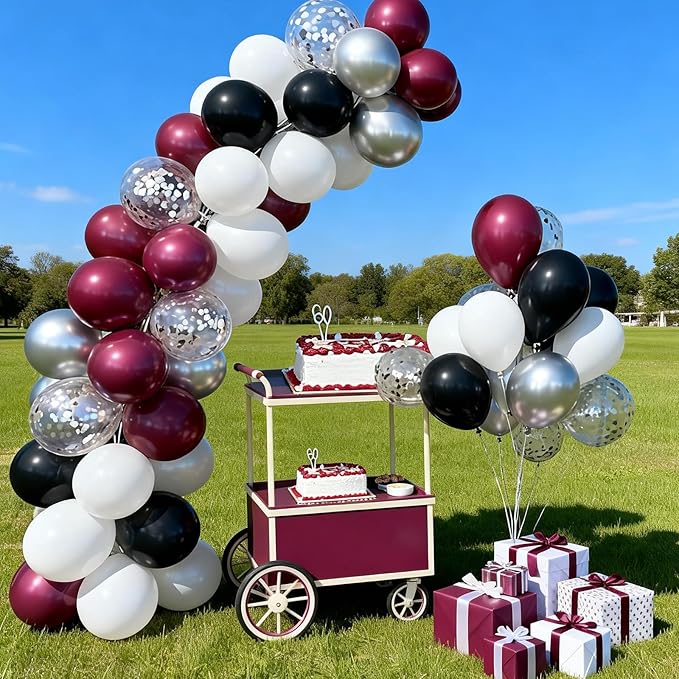 FunHot Maroon Balloons, 50 Pcs Burgundy Black Balloon, 12 Inch Burgundy Metallic Silver Confetti Latex Balloons for Birthday Wedding Baby Shower Bridal Shower Graduation Anniversary Party Decorations