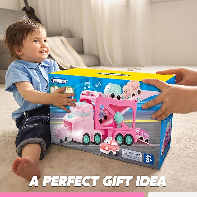JOVA Extra Large Toy Trucks for Toddlers, 3-Layer Princess Pink Trucks for Girls, 7-in-1 Big Carrier Truck with Siren & Lights and 6 Toy Cars, Birthday Gifts for Girls
