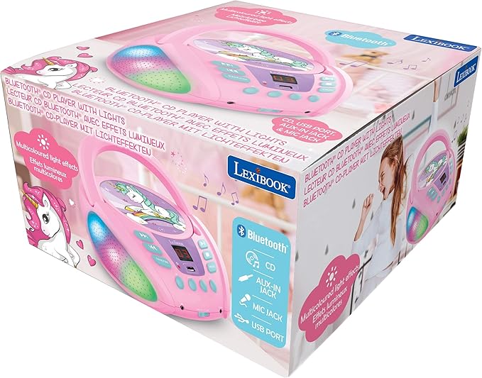 Lexibook Unicorn - Bluetooth CD Player for Kids – Portable, Multicoloured Light Effects, Microphone Jack, Aux-in Jack, AC or Battery-Operated, Girls, Boys, Pink, RCD109UNI