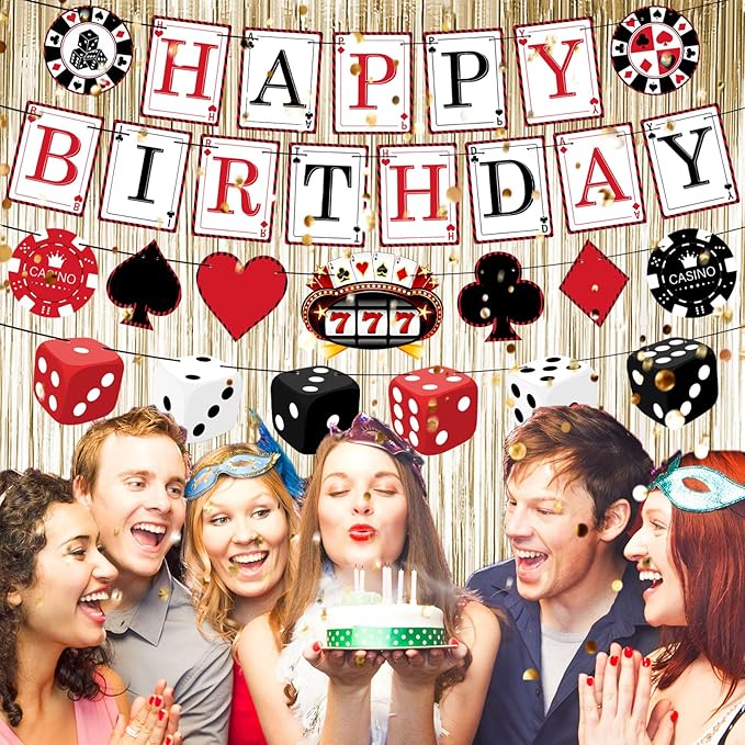 Pre-Strung Casino Party Decorations NO DIY Poker Happy Birthday Banner Casino Theme Banners Las Vegas Poker Night Party Supplies