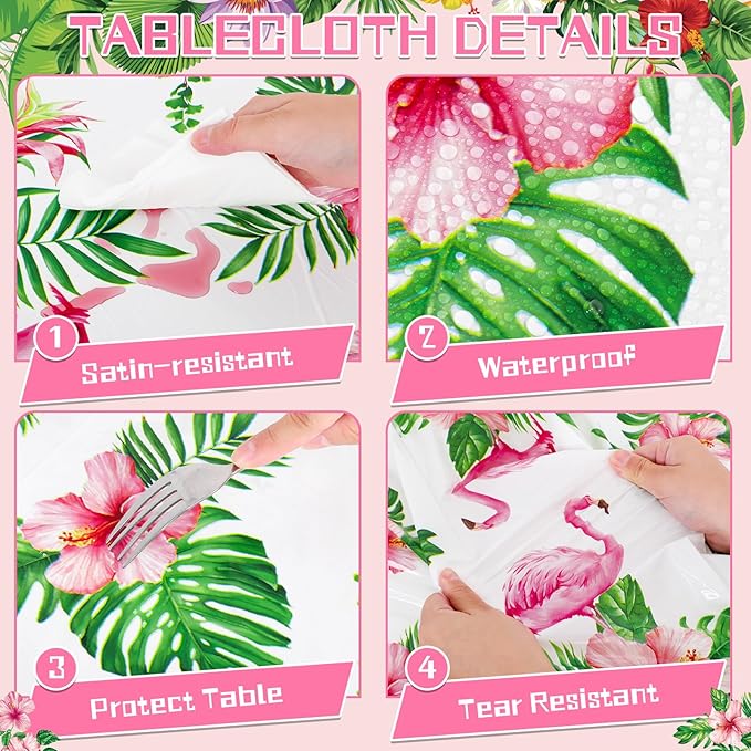 3 Pack Hawaiian Luau Party Tablecloth, 54 x 108 Inch Disposable Tropical Palm Leaves Table Cloth Waterproof Rectangle Table Cover for Summer Beach Pool Cocktail Party Decorations