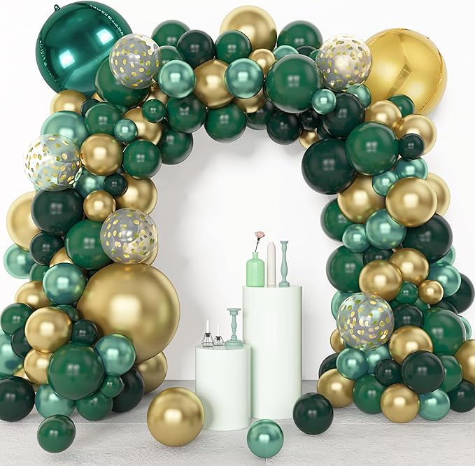 Amandir 153pcs Green and Gold Balloon Garland Arch Kit, Different Sizes 18 12 10 5 inch Green Latex Metallic Confetti Balloons St. Patrick's Birthday Anniversary Safari Party Decoration Supplies