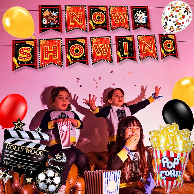 Movie Night Party Decorations, 84 Pcs Movie Night Party Supplies - Balloons Backdrop Tablecloth Banner etc Movie Theater Decorations