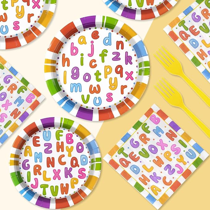 Grencian 96Pcs Alphabet Number Party Supplies Colorful Alphabet Number Plates and Napkins Disposable Paper Tableware Set for Kids Boys Girls Numbers Games Baby Shower Party Supplies, Serves 24