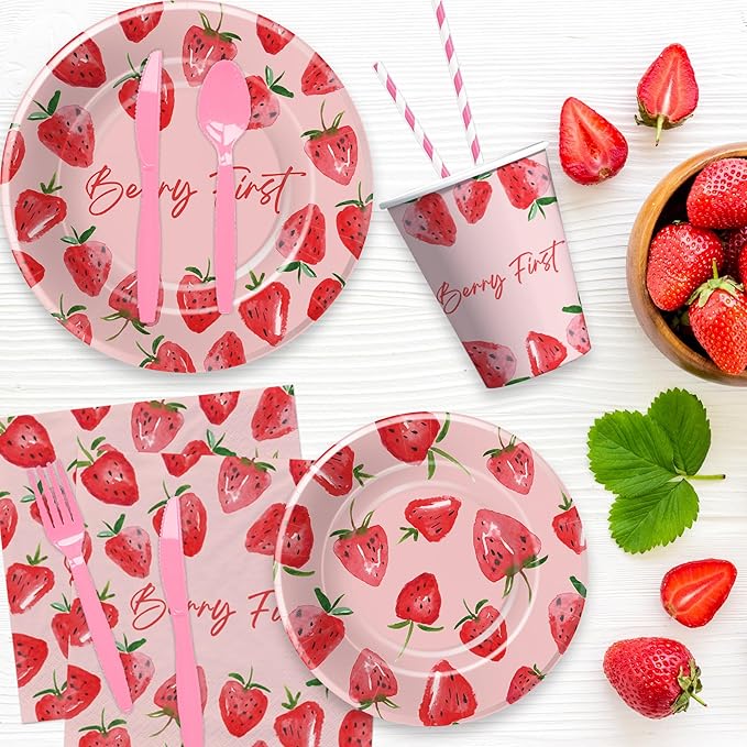 Strawberry Berry First Birthday Party Supplies - Strawberry 1st Birthday Party Decorations Tableware, Plate, Cup, Napkin, Fork, Serve 24