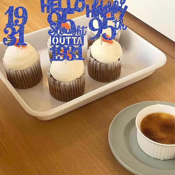 30 PCS 95th Birthday Cupcake Toppers Glitter Ninety Five Happy 95 Straight Outta 1931 Cupcake Picks for Cheers to 95 Fabulous 95th Birthday Anniversary Party Cake Decorations Supplier Blue