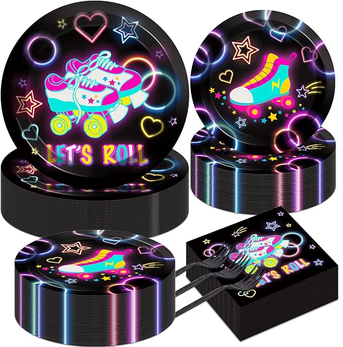 50 Guests Roller Skating Plates and Napkins Party Supplies Retro Roller Skate Party Decorations Disposable Tableware Set Let's Roll Dinnerware Favor for Boys Girls Teens Birthday, 200PCS