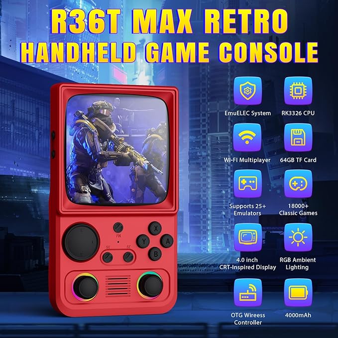 R36TMAX Upgraded Retro Handheld Game Console with 4000mAh Battery, 4.0'' IPS Screen, Retro Gaming Console with Portable Case, Supports WiFi Networked Fighting and OTG (Classic Red)