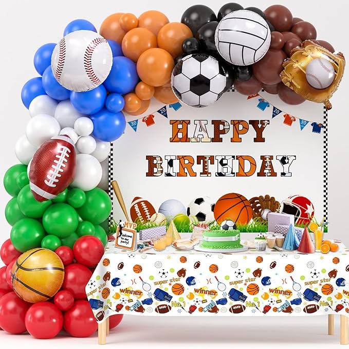 Winrayk 130Pcs Sports Birthday Party Decorations Supplies Sports Balloon Arch Backdrop Tablecloth Football Soccer Baseball Glove Basketball Volleyball Balloon Kid Sport Themed Birthday Party Supplies