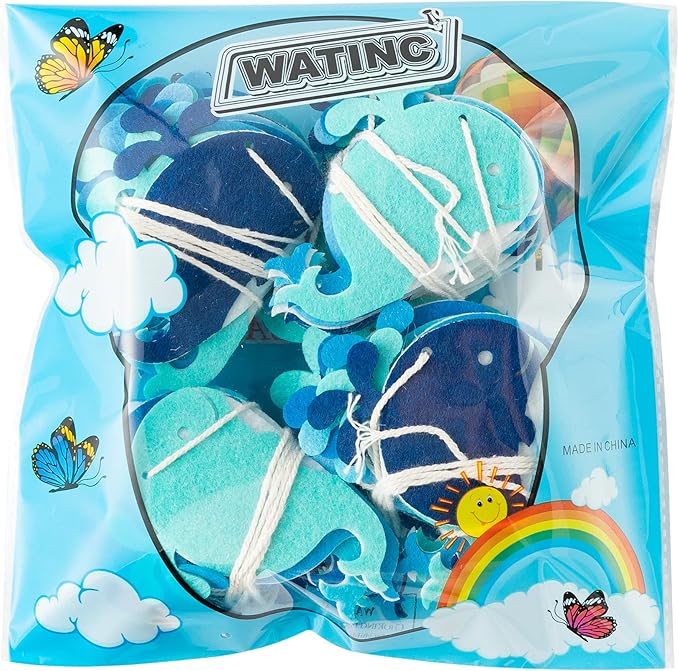 WATINC 4pcs Whale Felt Garland Under the Sea Party Decorations, Blue Fish Hanging Bunting Ornament, Summer Ocean Fishing Themed Party Banner Supplies, Baby Shower Birthday Decor for Wall Backdrop