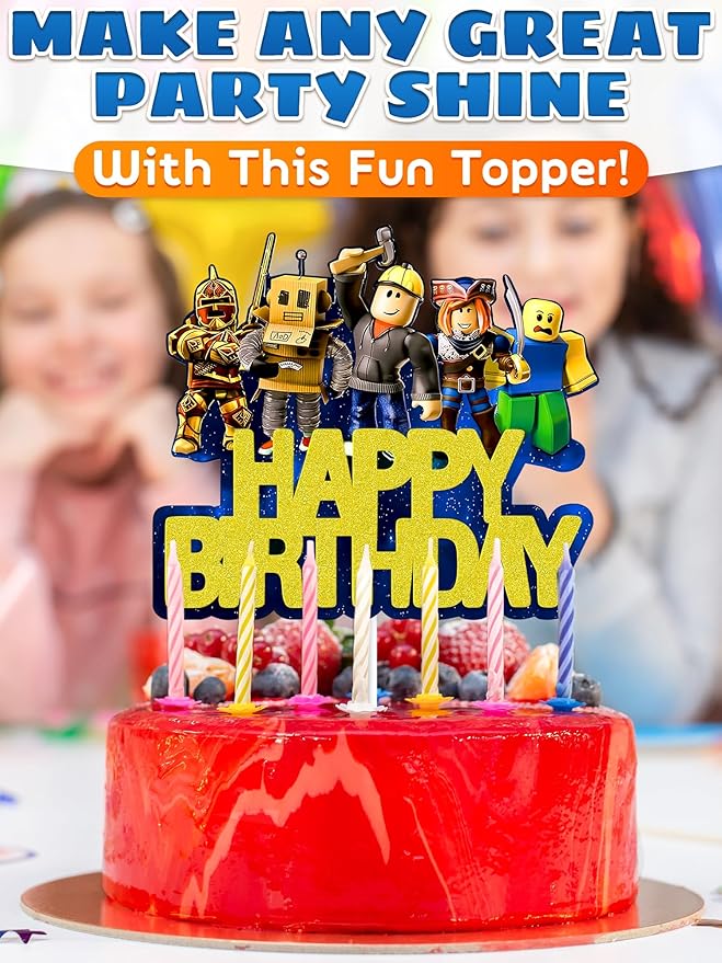 Video Game Cake Topper Decorations - Vibrant Glitter Cardboard Gamer Cake Topper, Eye-Catching Design, Firm Installation & Easy Adjusting, Sturdy Plastic Stick - Birthday Decorations for Boys & Girls