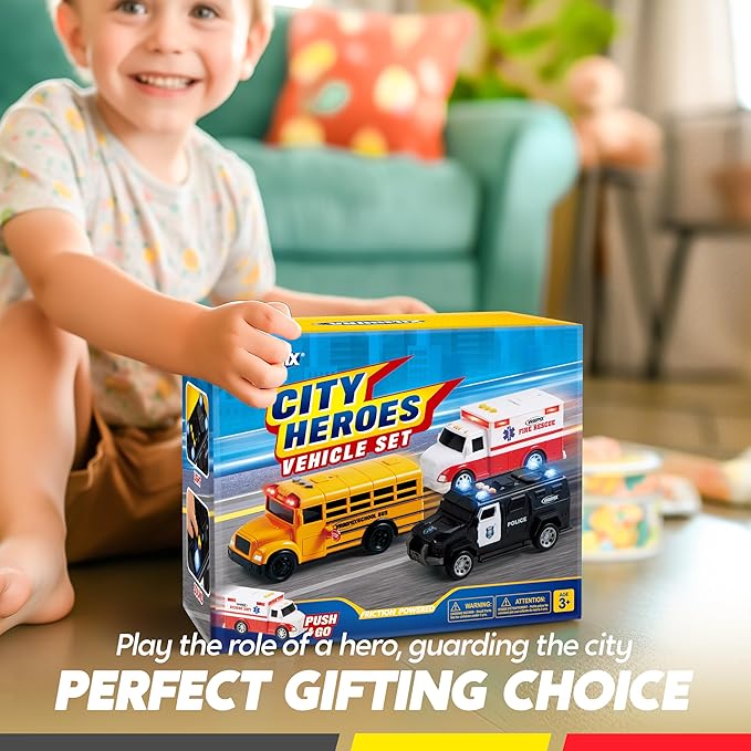 JOVA Emergency and School Vehicle Toy Set – Friction Powered Police Car, Ambulance, Bus with Lights and Sounds – Educational and Safe Toy for Kids, Birthday Gift Boys and Girls