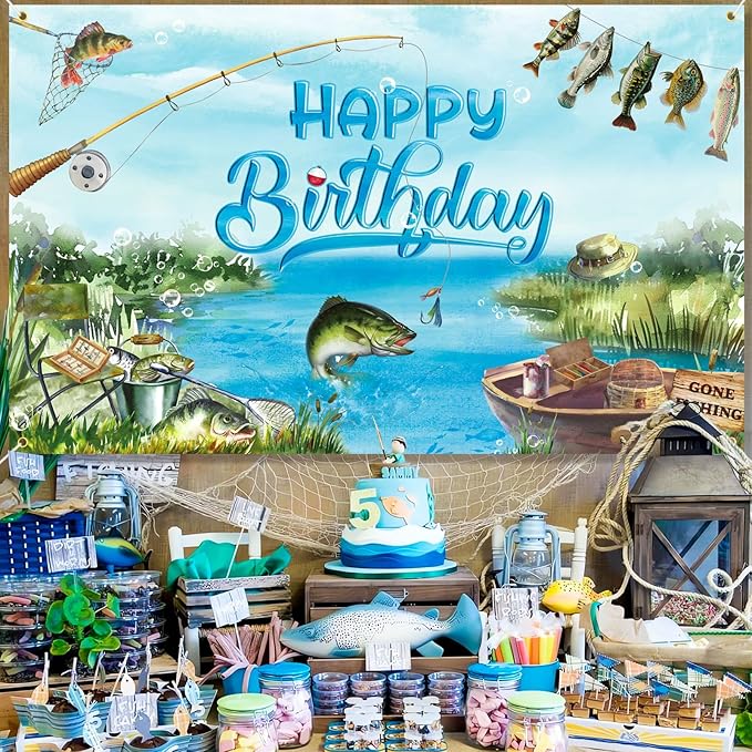 Fishing Birthday Party Decorations Gone Fishing Happy Birthday Banner, Fishing Themed Background Bass Fishing Party Supplies for Adults and Kids 6 x 3.6 ft