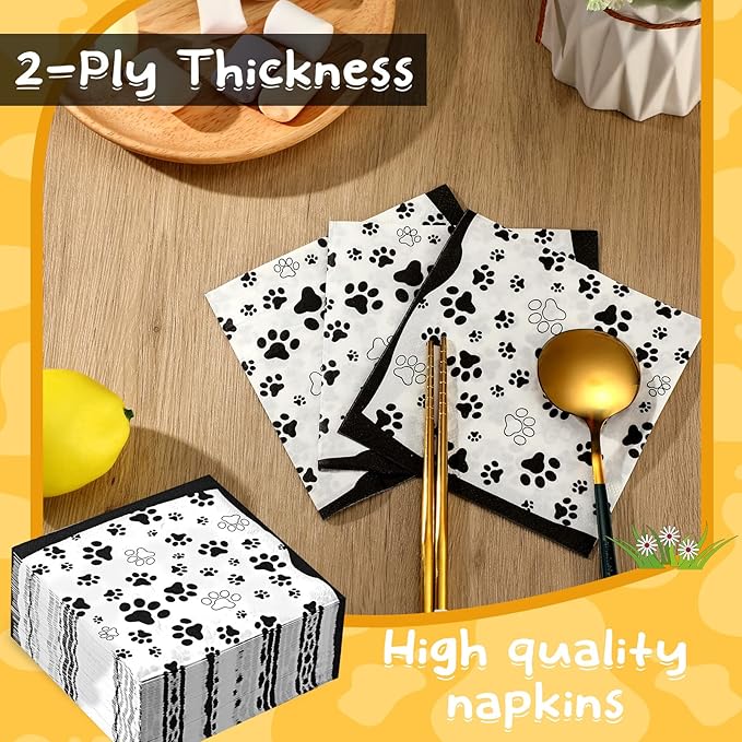 CHENGU 100 Pieces Paw Print Napkins 2 Layers Paw Print Party Supplies Farm Animal Party Napkins for Animal Themed Birthday Western Part, 5 x 5 Inch(Black)