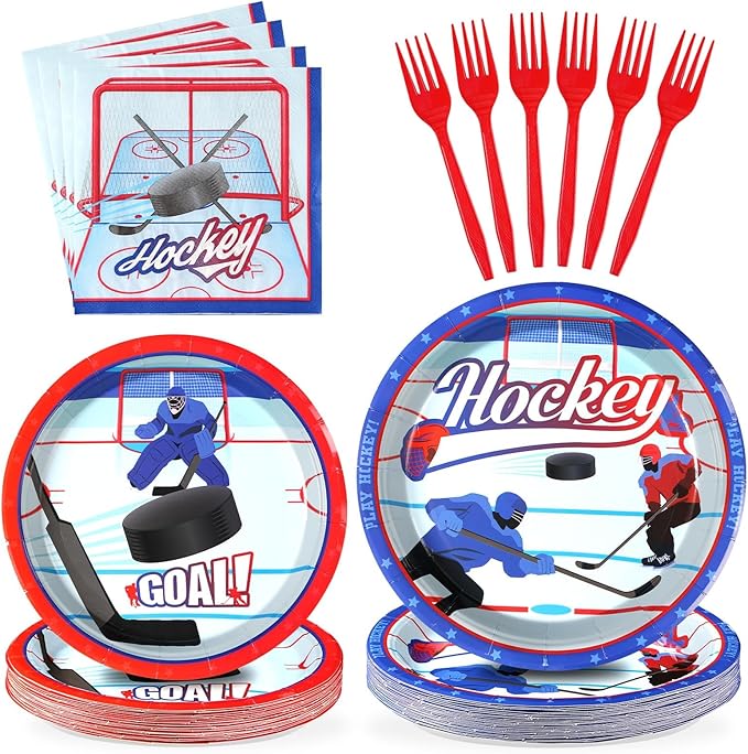 Grencian 96Pcs Hockey Birthday Party Supplies 350 GSM Ice Hockey Paper Plates and Napkins Tableware Sets for Boys Kid's Fans Gameday Sports Theme Party Decorations Favors Servers 24