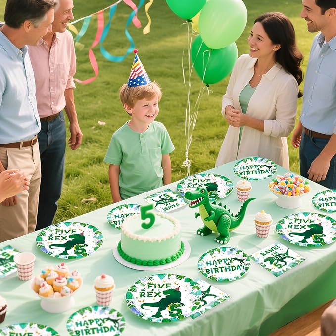 Grencian 96 Pcs Dinosaur 5th Birthday Decorations Five Rex Plates and Napkins 5 Years Old Dinosaur Party Supplies Roar I’m Five Dino Tableware Set for Boys Kids Dino Themed Party Favors Serves 24