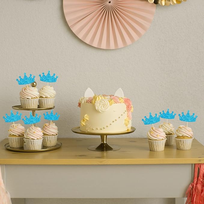 Ephlyn 24Pcs Crown Cupcake Toppers Glitter Queen Crown Cupcake Picks for Queen Princess Theme Baby Shower Girls Wedding Birthday Party Cake Decorations Supplies Blue