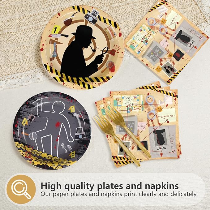 96Pcs Murder Mystery Themed Party Supplies Top Secret Plates and Napkins Secret Agent Spy Detective Tableware Sets for Halloween Crime Scene Escape Room Kids Birthday Party Decorations Favors Serves24