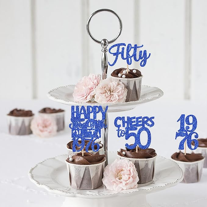 30 PCS 50th Birthday Cupcake Toppers Glitter Fifty Happy 50 Straight Outta 1976 Cupcake Picks for Cheers to 50 Fabulous 50th Birthday Anniversary Party Cake Decorations Supplier Blue