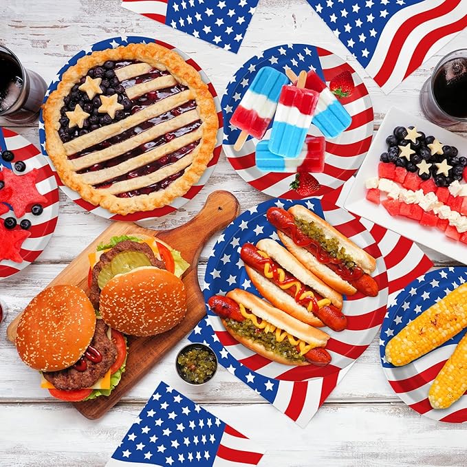 4th of July Plates and Napkins Sets - Patriotic American Flag Party Supplies Tableware, July 4th Disposable Paper Plates Napkins Set for Memorial Day, Independence Day Decorations Table Decor,Serve 50