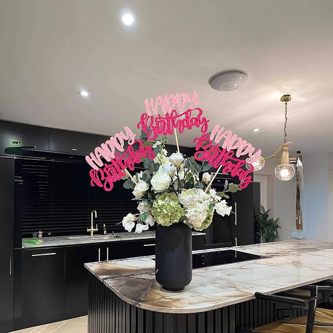 Gyufise 12Pcs Happy Birthday Centerpieces Sticks Double Sided Glitter Birthday Party Decorations Anniversary Table Flower Centerpiece for Celebrating Party Supplies Pink Rose Red