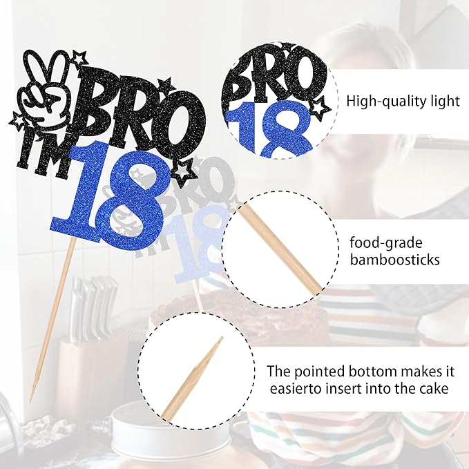 1 PCS Brother I'm 18 Cake Topper Glitter Star Happy 18th Birthday Cake Pick Bro I'm 18 Cake Decoration It's My 18th Birthday Decorations for Boys Cheers to 18 Years Old Birthday Party Supplies Blue