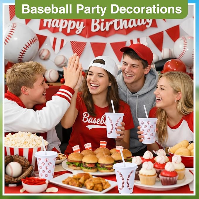 Sieral 30 Pcs Baseball Cups with Straws and Lids, 16 oz Reusable Plastic Tumblers Iced Coffee Travel Mug Sports Baseballs Water Bottle for Baseball Theme Party Favors Birthday Decorations