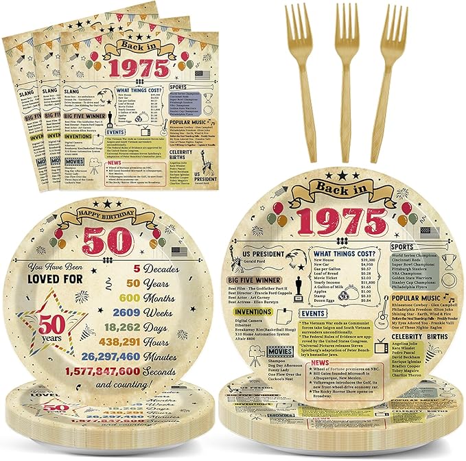 96Pcs Funny 50 Year Old Birthday Party Plates and Napkins Back in 1975 Themed Party Decorations Vintage 50th Party Disposable Tableware Set for 24 Guests Cheers to 50 Years Birthday Favors Supplies