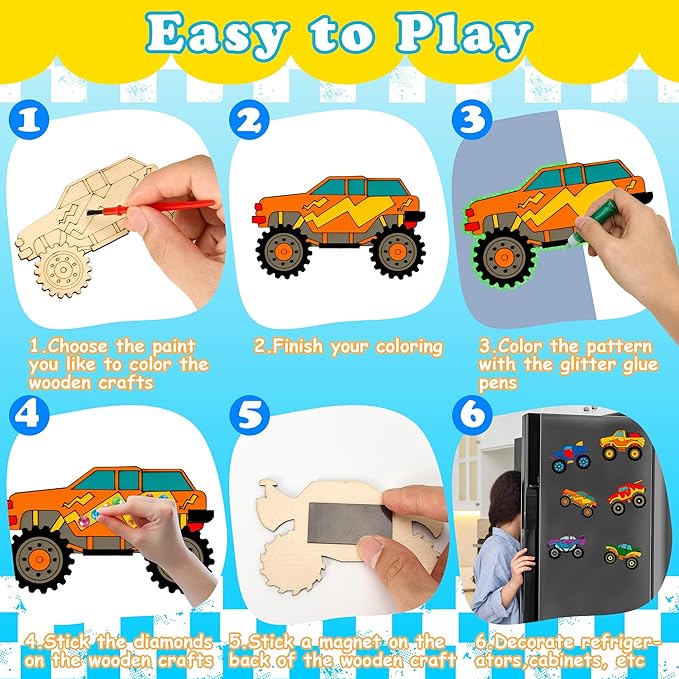 Bafeil Monster Truck Party Favors, 24 Pcs DIY Wooden Truck Painting Crafts Kit with Magnets, Car Birthday Party Supplies, Monster Trucks Party Decorations Goodie Bags Gifts Prizes Girls Boys
