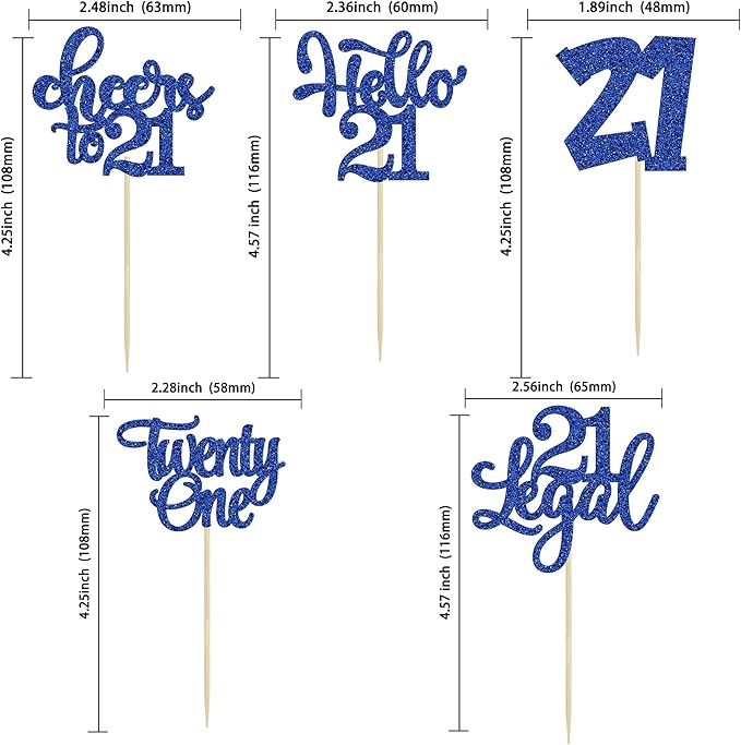 30Pcs 21st Birthday Cupcake Toppers Twenty One Legal Cupcake Picks Cheers to 21 Years Old Cake Decorations for 21st Birthday Anniversary Party Supplies Deep Blue Glitter