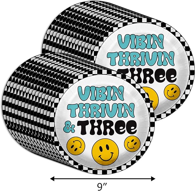 Vibin Thrivin' and Three Smiley Face Third Birthday - 32 Piece Disposable Party Supplies - Decorations for Boy's 3rd Birthday Round Party Plates - Large 9" Paper Plates In Bulk