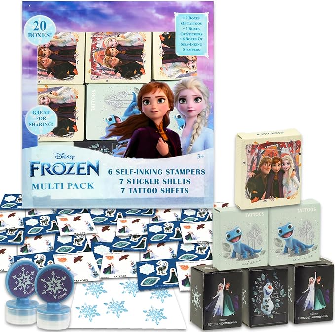 Disney Frozen Party Favors for 20 Guests Bundle ~ 20 Pieces Frozen Favor Boxes with Stickers, Tattoos and Stampers for Kids Birthday Party | Disney Frozen Party Supplies and Decorations Combo Pack