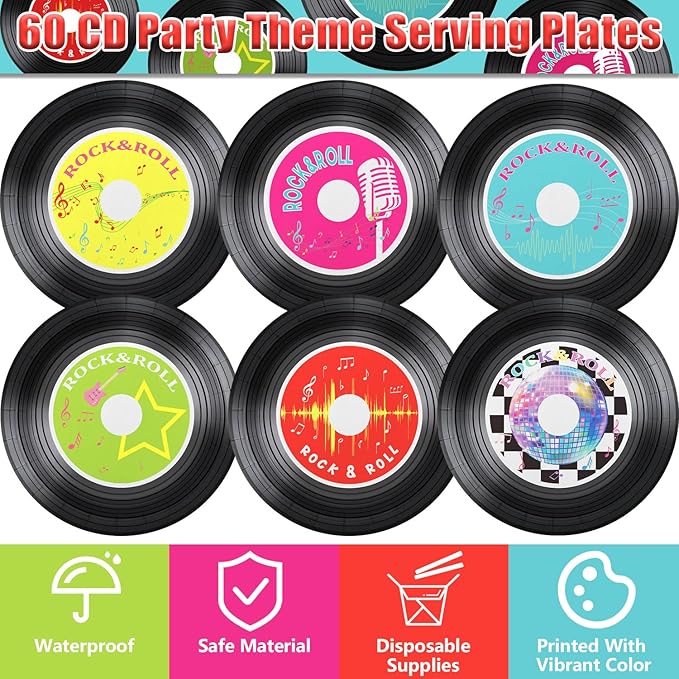 60 Pcs Rock Record CD Plates - 9 inch 1950's Retro Record Disco Plates for Rock Music Birthday Supplies Disco Birthday Party Decorations