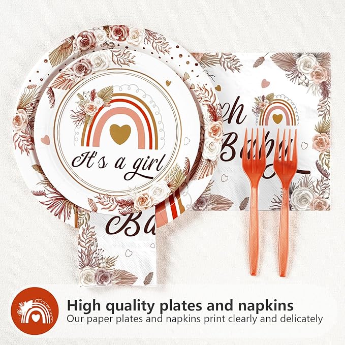 96Pcs Boho Baby Shower Decorations for Girl Boho Rainbow Baby Shower Plates and Napkins Tableware Set A Little Ray of Sunshine Baby Shower Party Supplies for Boho Rainbow Baby Shower Decor Serves 24