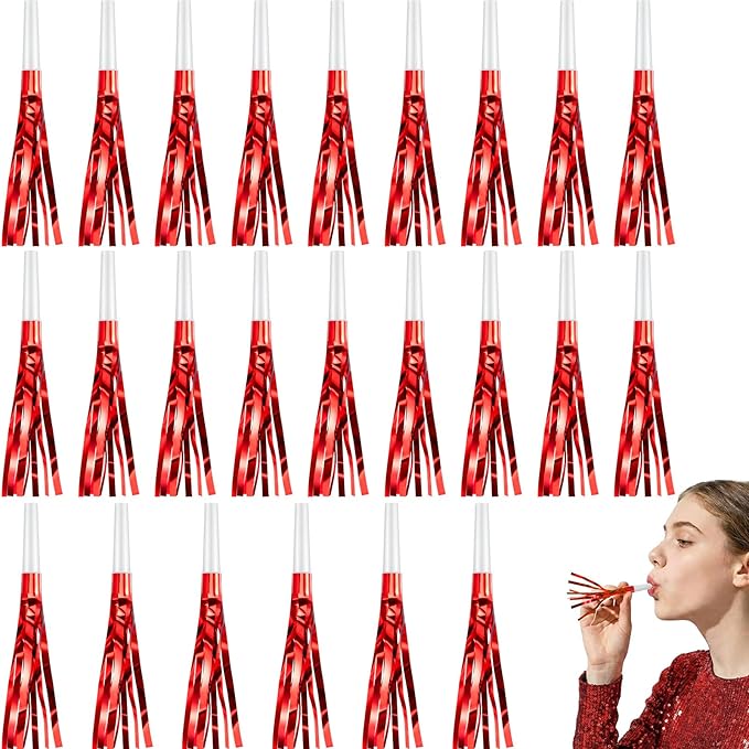 Sumind 24 Pcs Red Noise Makers Glitter Noise Makers Metallic Fringed Party Blowers for Adults Birthday Graduation Sporting Events 2026 New Years Party Favor Supplies