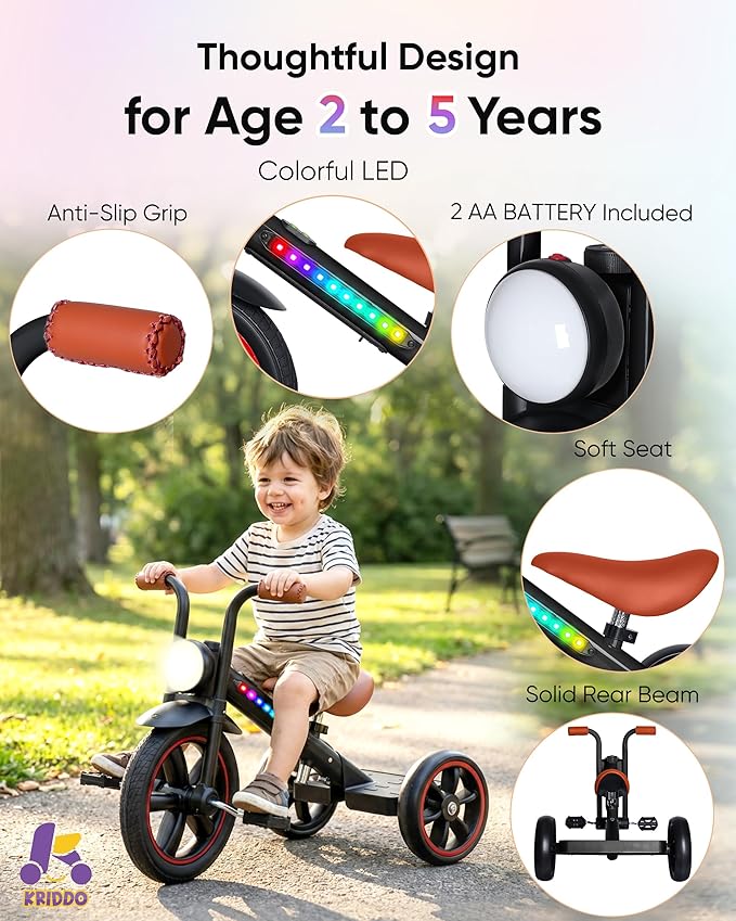 KRIDDO Kids Tricycle, 12 Inch Puncture Free Wheel w Front Light, Adjustable Seat Height, Gift for 2-5 Year Olds, BlackLED