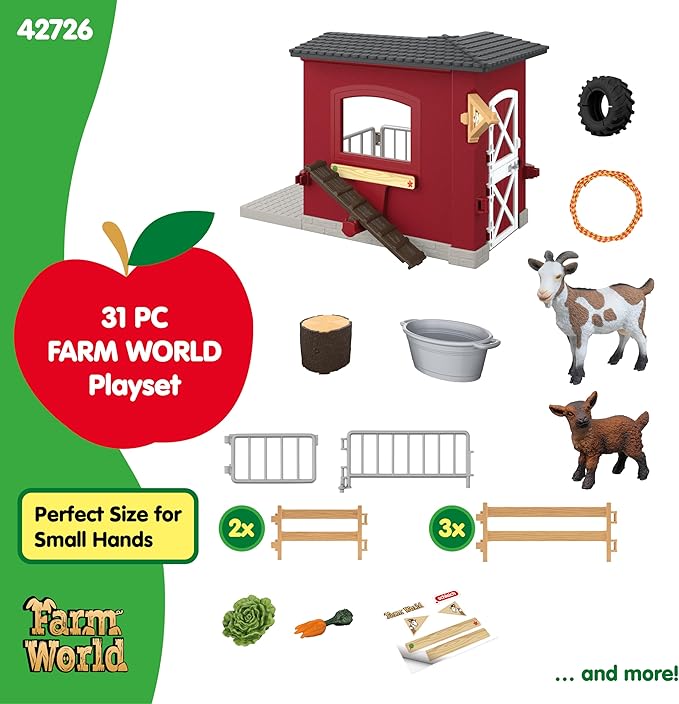 Schleich Farm World – 31PC Goat Stable Playset with 2 Goat Figures and Accessories – Farm Animal Toys for Boys and Girls – Pretend Play Barn Toy for Imaginative Play - Toddlers, Kids Ages 3+ | 42726