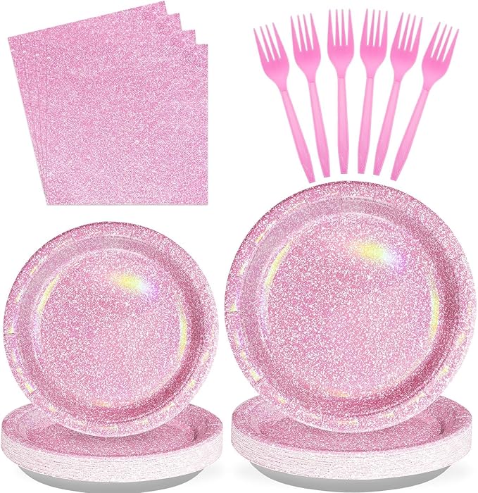 Grencian 96Pcs Pink Pastel Party Supplies Light Pink and White Plates and Napkins Tableware Set Rainbow Birthday Decorations for Girls Women Sprinkle Bride Shower Wedding Anniversary Party Serves 24
