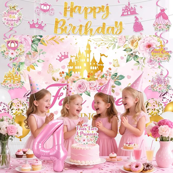 Four Ever a Princess Birthday Decorations Pink Sweet 4th Birthday Party Supplies Include 4 Ever a Princess Backdrop Banner Hanging Swirls Balloons Cake Topper for 4 Years Old Girl Bday Party Decor