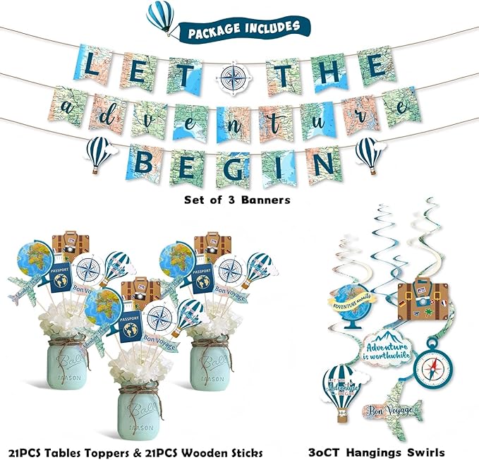 Yaaaaasss! 52pcs Travel Themed Party Decorations Let the Adventure Begin Banner Hanging Swirls Table Toppers for Bon Voyage Travel Around The World Adventure Farewell Travel Party Supplies