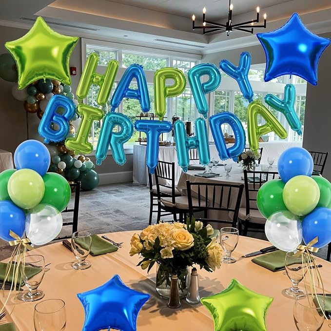 29PC Blue Green Happy Birthday Balloon Banner, 16 Inch 3D Aluminum Letter Banner Sign, Clear Blue Green Balloon Helium 18 Inch Star Foil Balloon for Kids, Women, Men Birthday Party Decoration