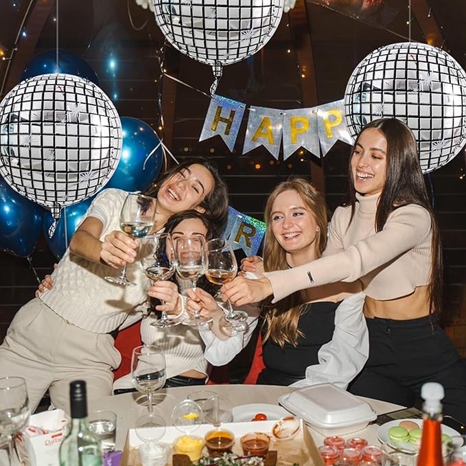 TONIFUL 8Pcs Large Disco 4D Giant Round Foil Balloon 22inch Big Mirror Metallic Mylar Sephere Balloons for Christmas New Year Birthday Ball Party Graduation Wedding Disco Decoration Supplies