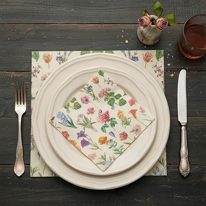 100 Pcs Floral Paper Napkins, 2-Ply Vintage Wildflower Cocktail Napkins Retro Decorative Decoupage Napkin Spring Dessert Beverage Napkin for Tea Party, Wedding, Birthday