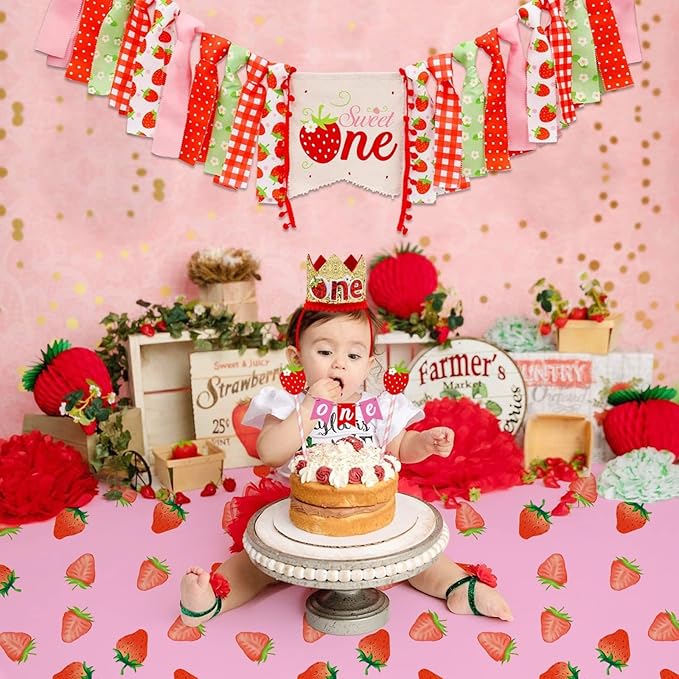 PHOGARY 2 PCS Strawberry Tablecloth for Strawberry Party Decorations, Disposable Plastic Rectangle Berry First Birthday Table Cloth for Kids Girls Berry Birthday Decorations Baby Shower 54"X108"