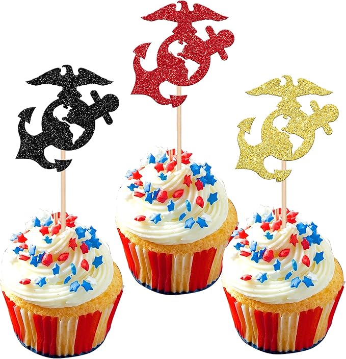 24 Pack Military Themed Cupcake Toppers Navy Bound Cupcake Picks Navy Bound Themed Cupcake Decorations Welcome Ceremony Army Birthday Party Cake Decorations Supplies Red Gold Black