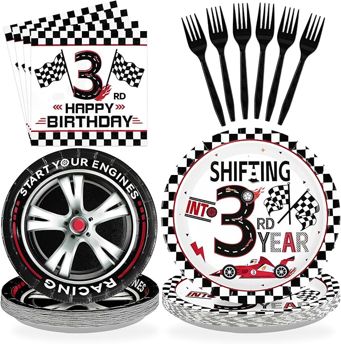 96Pcs Shifting into 3rd Year Birthday Decorations Disposable Race Car Themed 3rd Party Plates and Napkins Checkered Flag Tableware Set for Boys Racing Car 3 Years Old Birthday Party Supplies Serves 24